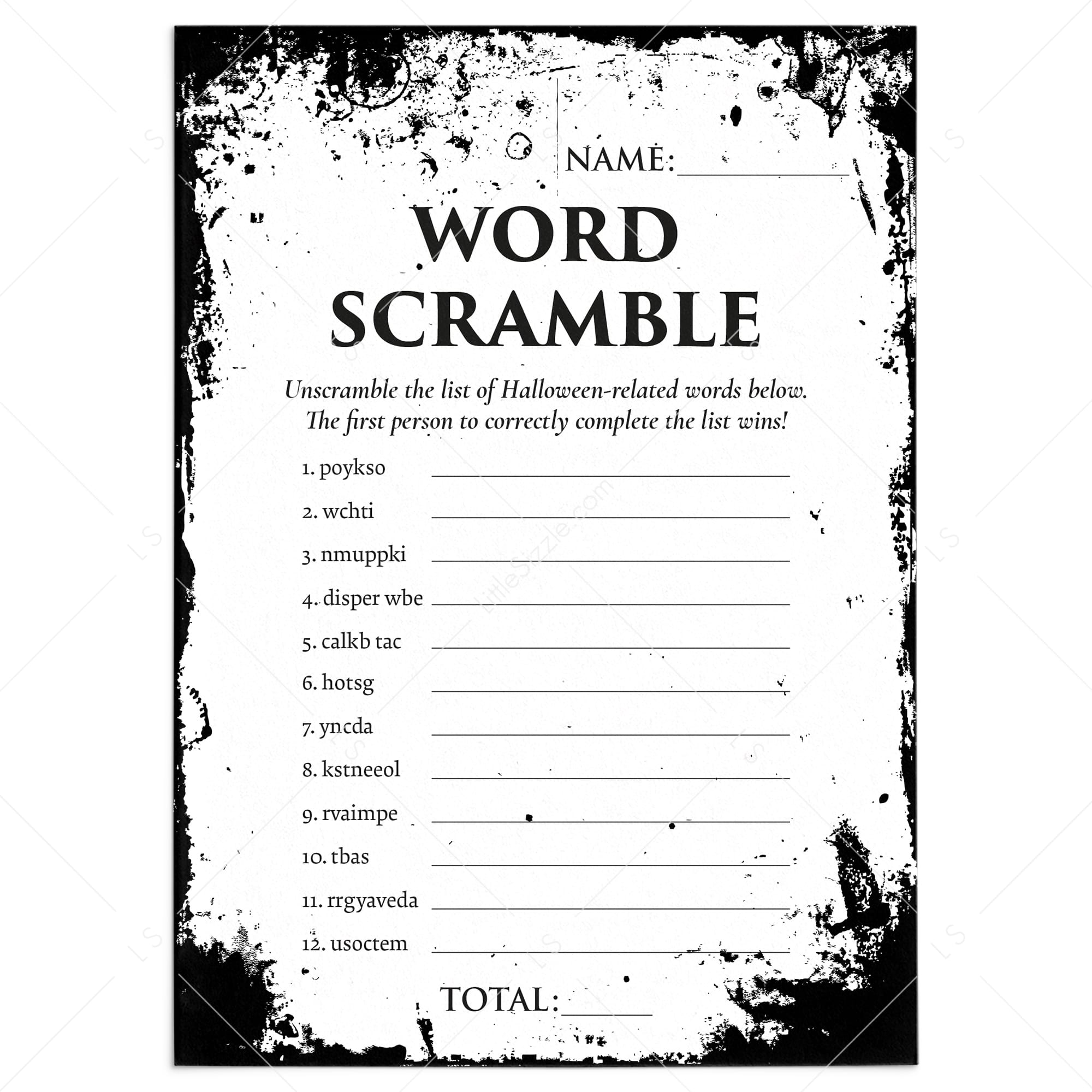 Black and White Halloween Word Scramble Game Printable Distressed by LittleSizzle