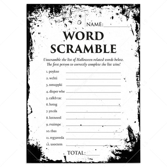 Black and White Halloween Word Scramble Game Printable Distressed by LittleSizzle