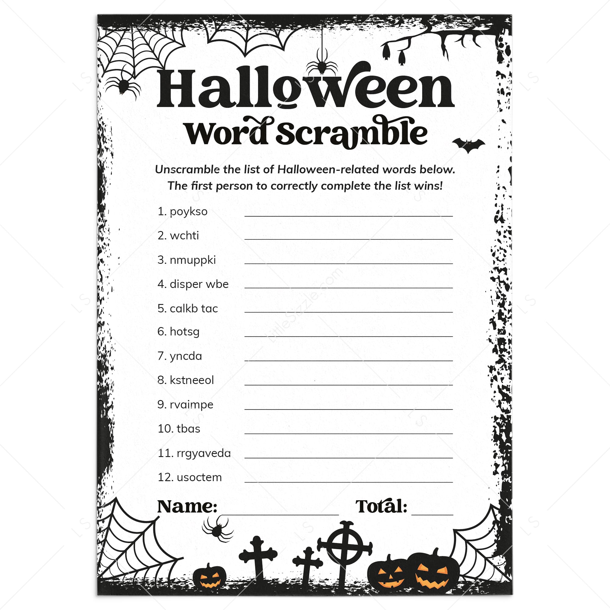 Printable Halloween Word Scramble | Black & White by LittleSizzle