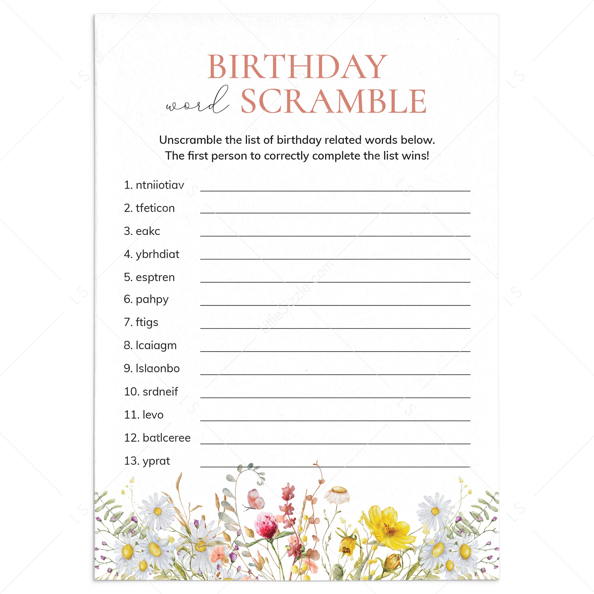 Wildflower Birthday Word Scramble Game with Answers Printable by LittleSizzle