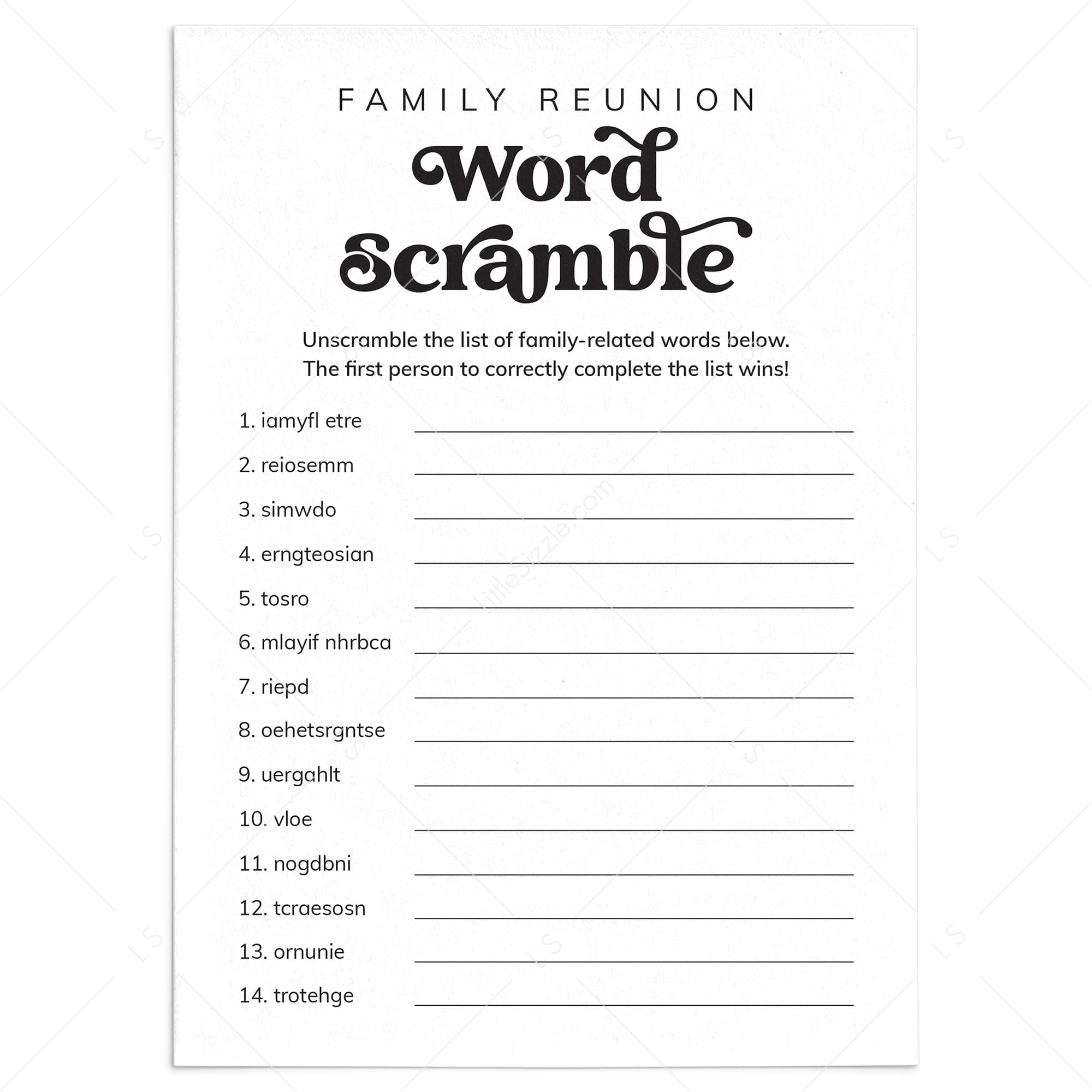 Printable Family Reunion Word Scramble with Answers by LittleSizzle