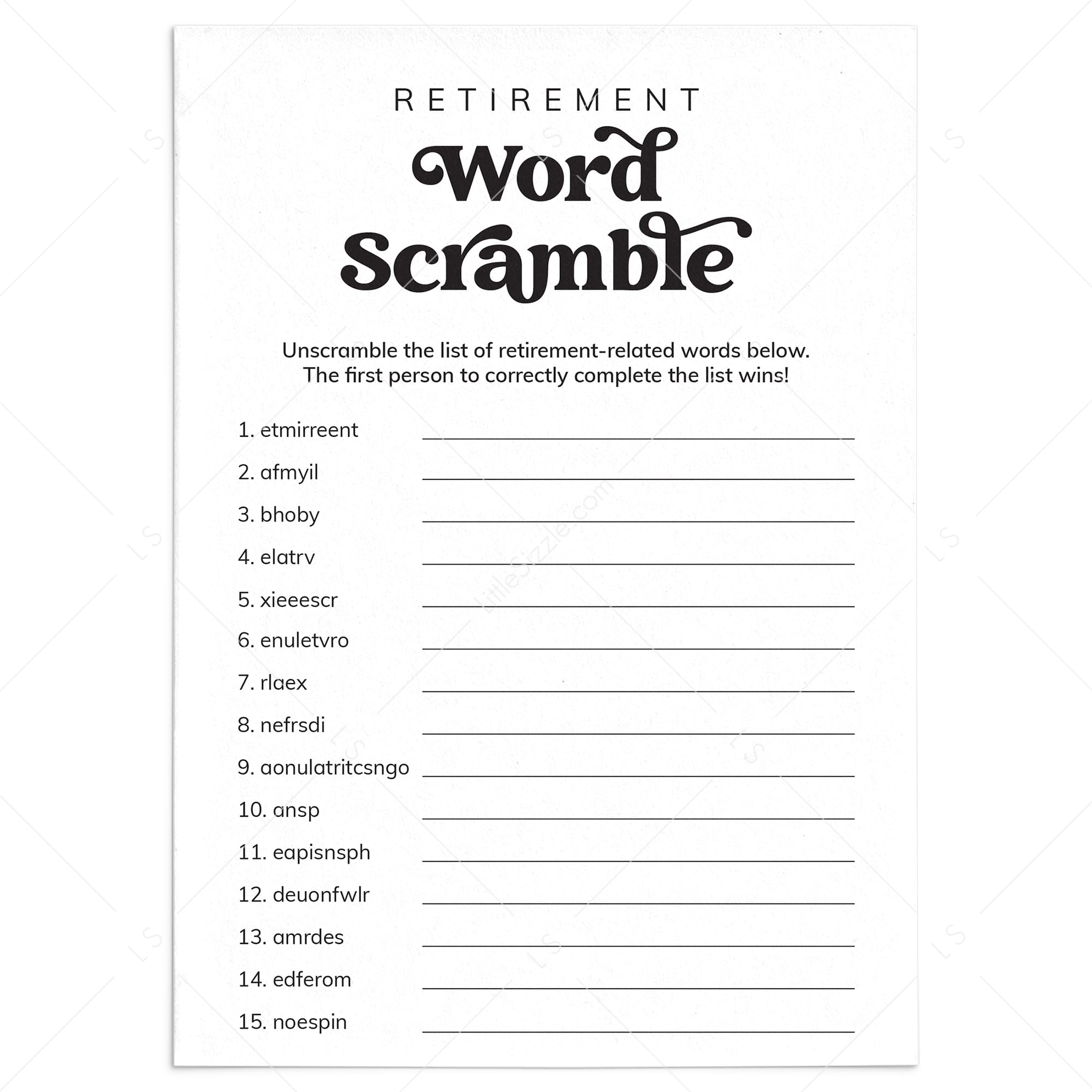Office Retirement Party Game Printable Word Scramble with Answer Key by LittleSizzle