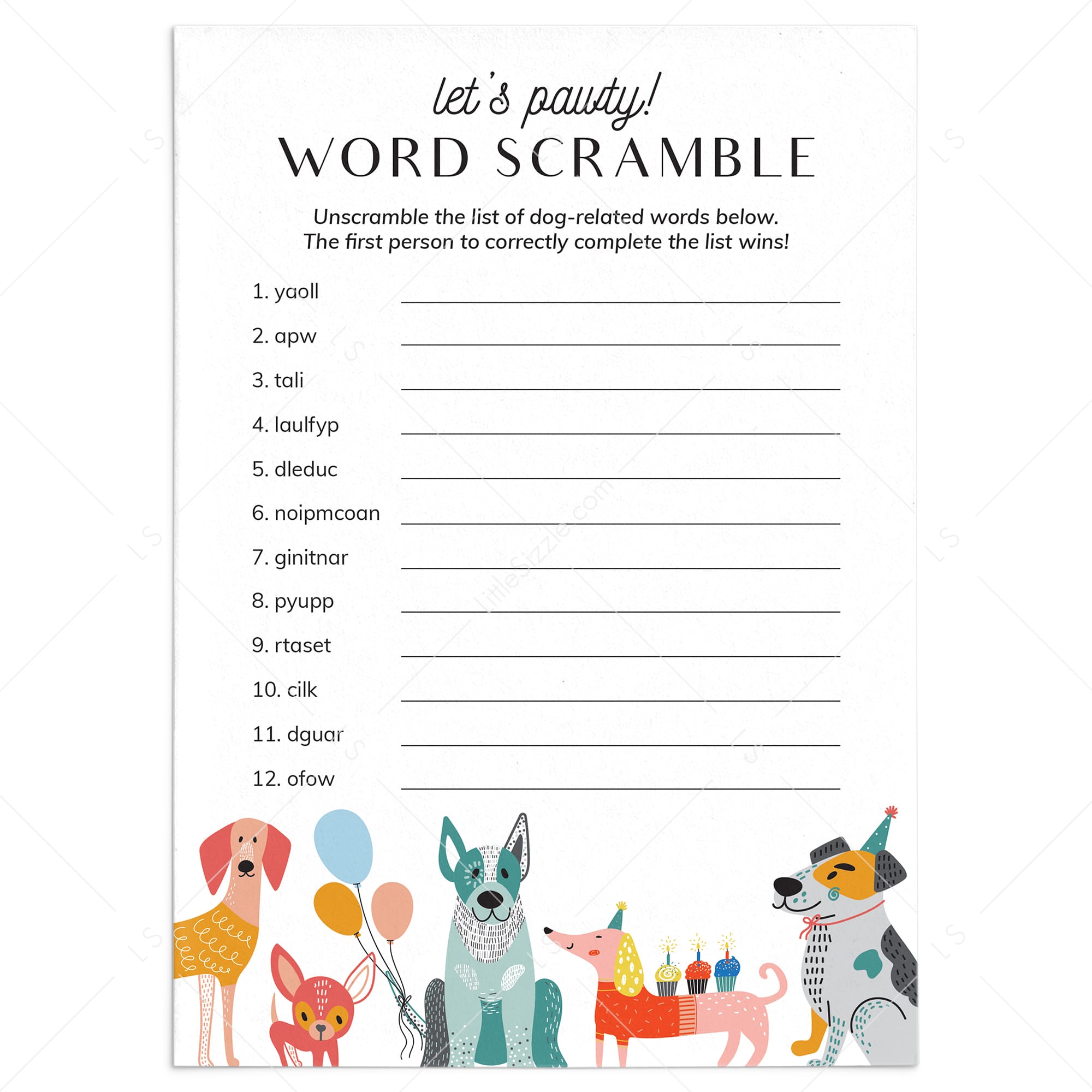 Dog Party Game Word Scramble with Answer Key by LittleSizzle