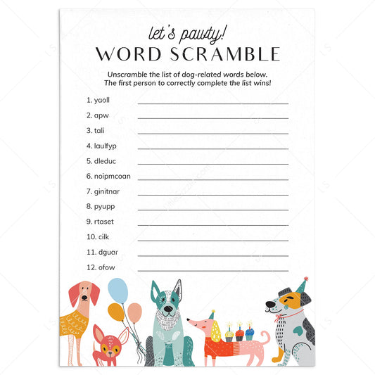 Dog Party Game Word Scramble with Answer Key by LittleSizzle