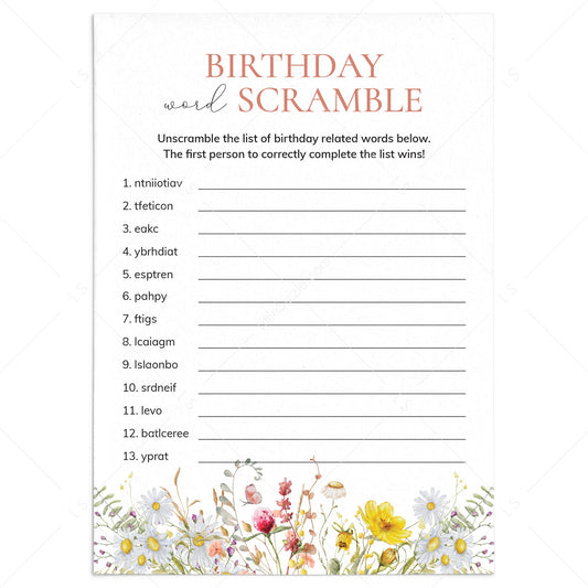 Wildflower Birthday Word Scramble Game with Answers Printable by LittleSizzle