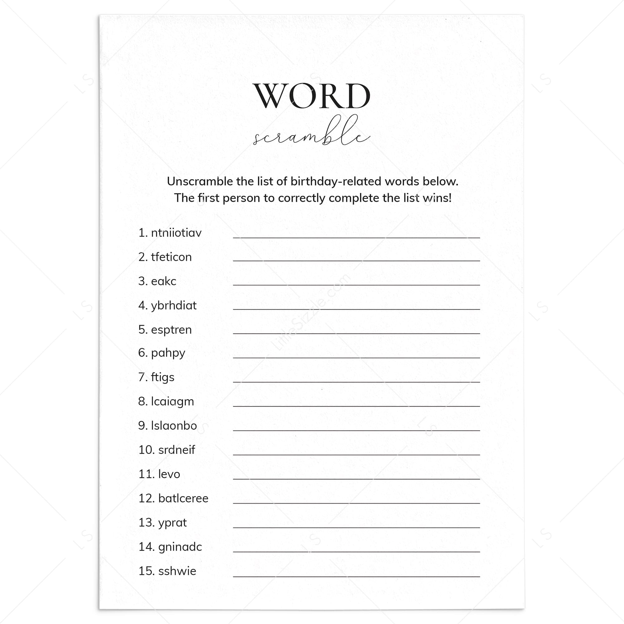 Birthday Party Game Word Scramble Answers Included Printable by LittleSizzle