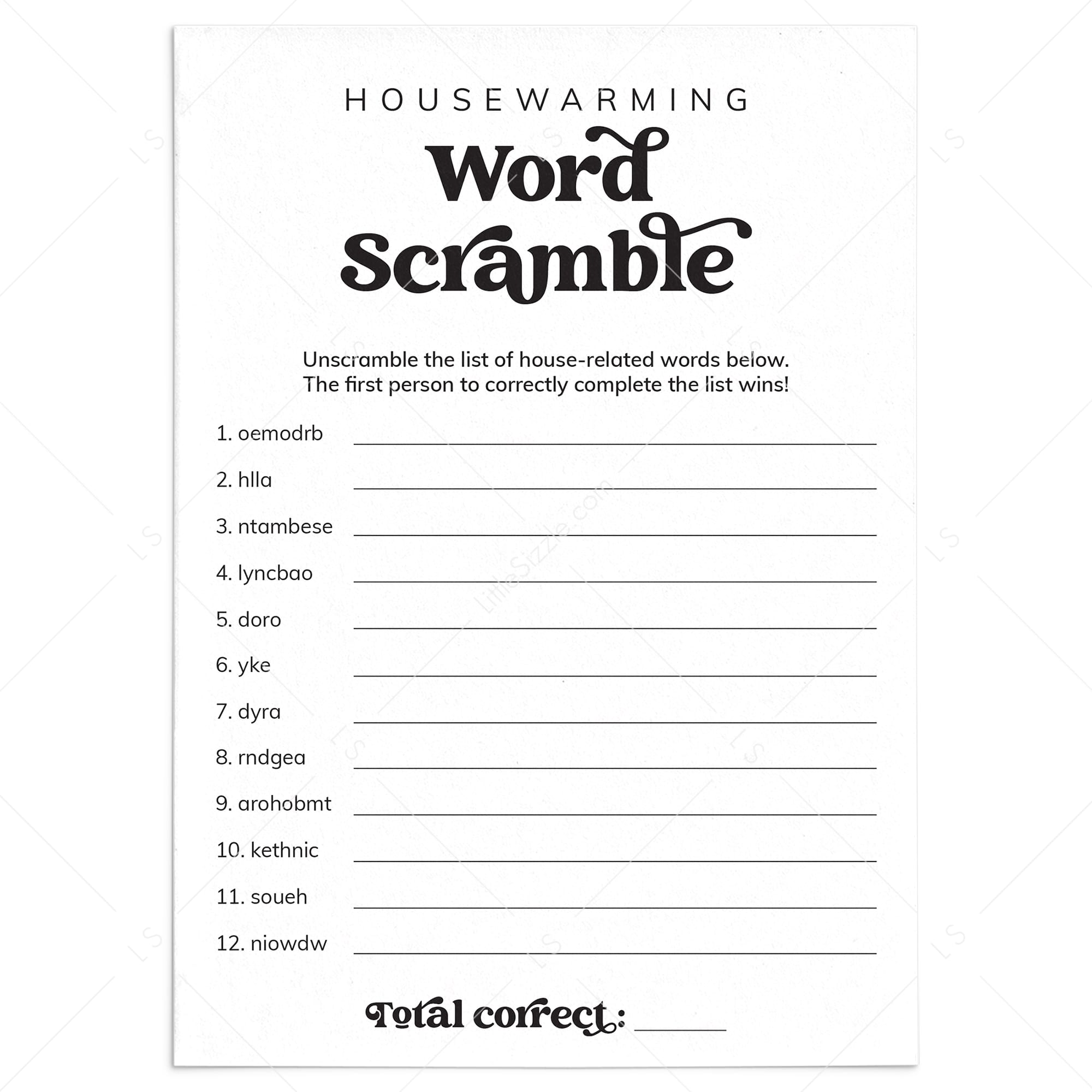 House Warming Game Word Scramble with Answers Printable by LittleSizzle
