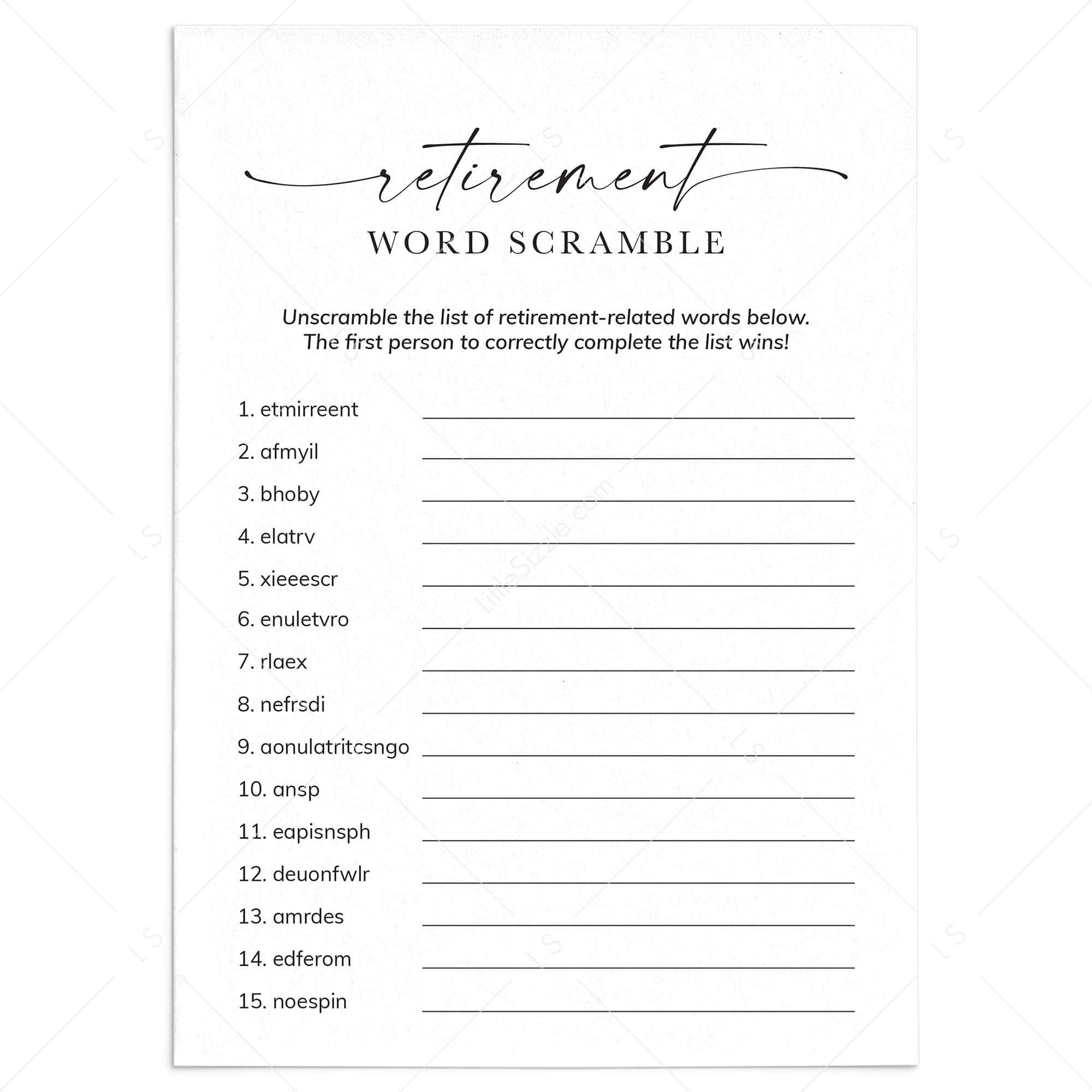 Printable Retirement Word Scramble with Answers by LittleSizzle