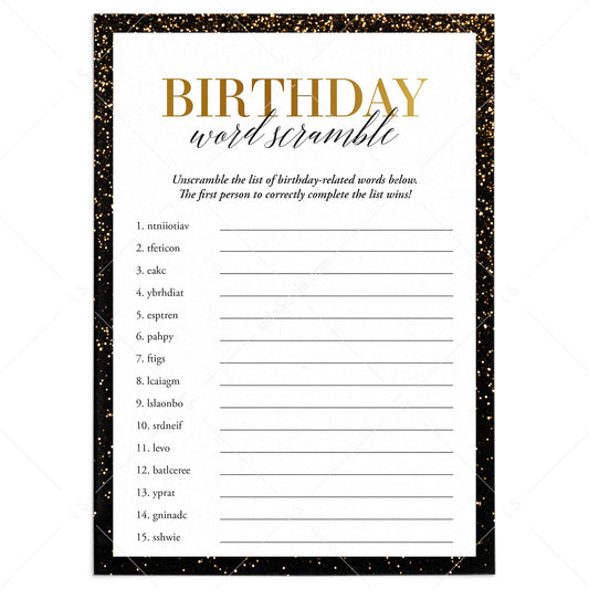 Black and Gold Theme Birthday Word Scramble Game Printable by LittleSizzle