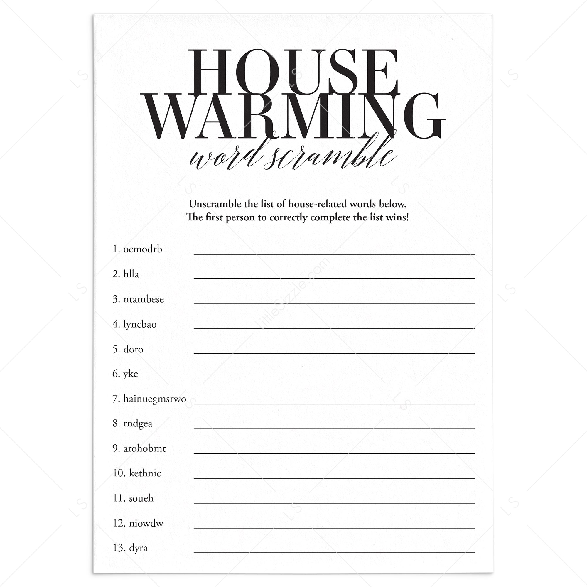 Housewarming Word Scramble Game with Answers Download by LittleSizzle
