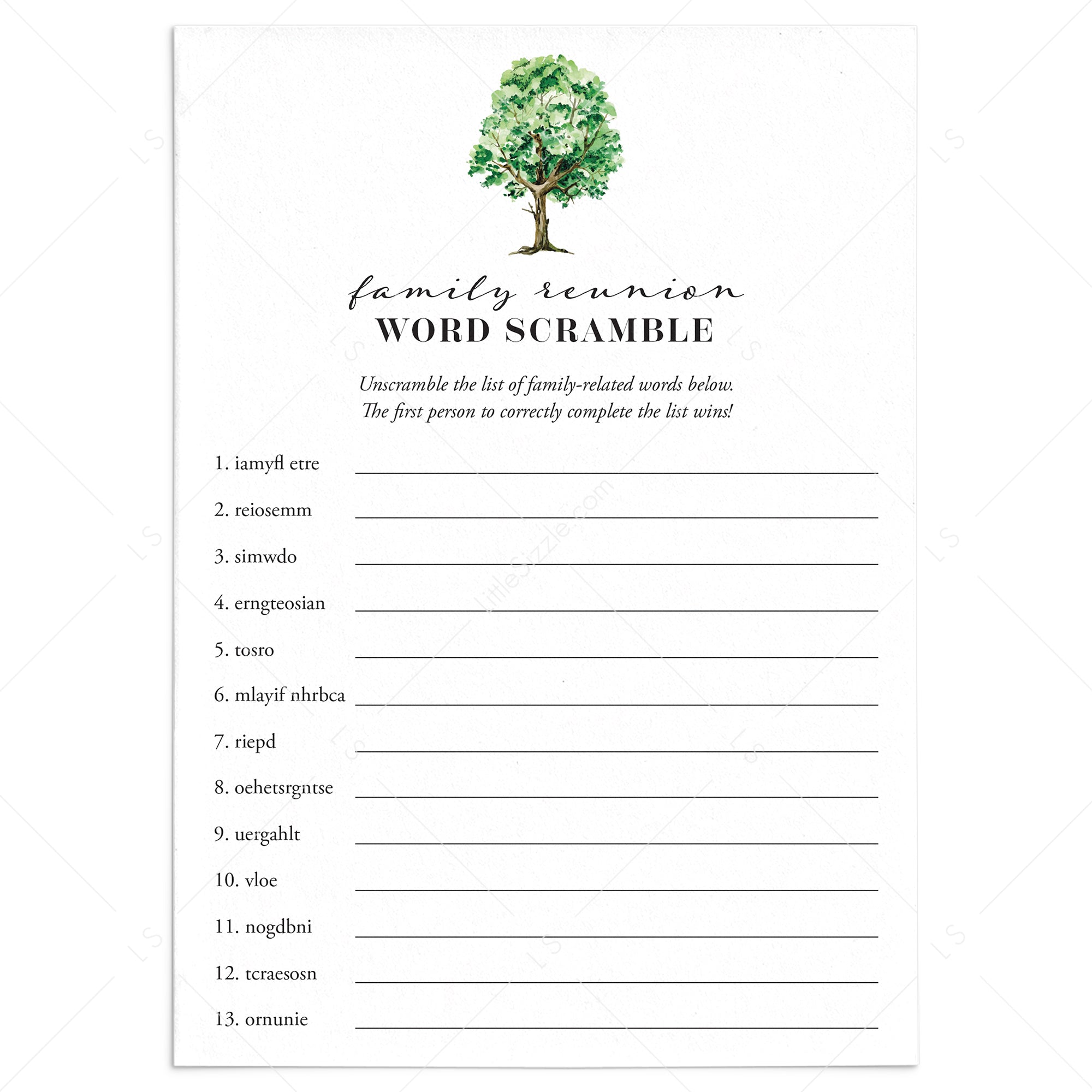 Family Reunion Word Scramble with Answer Key Instant Download by LittleSizzle
