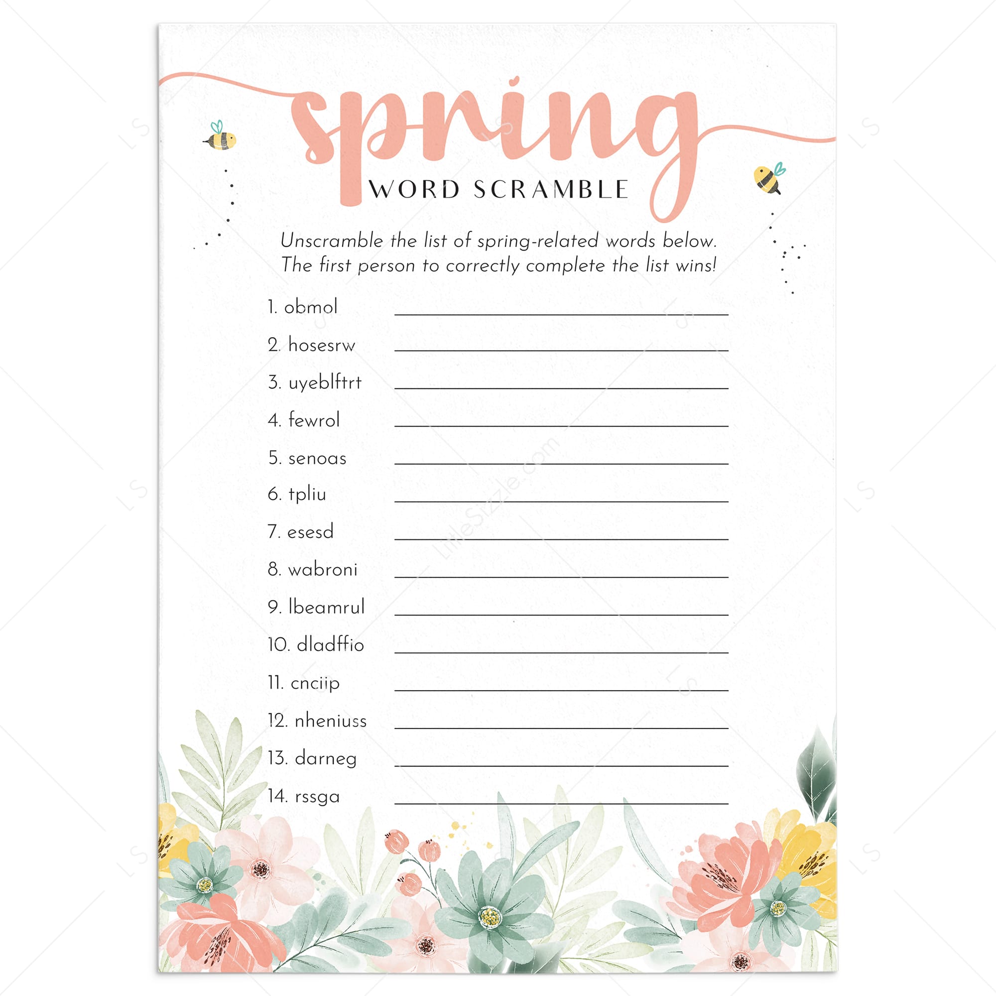 Spring Word Scramble with Answer Key Printable by LittleSizzle