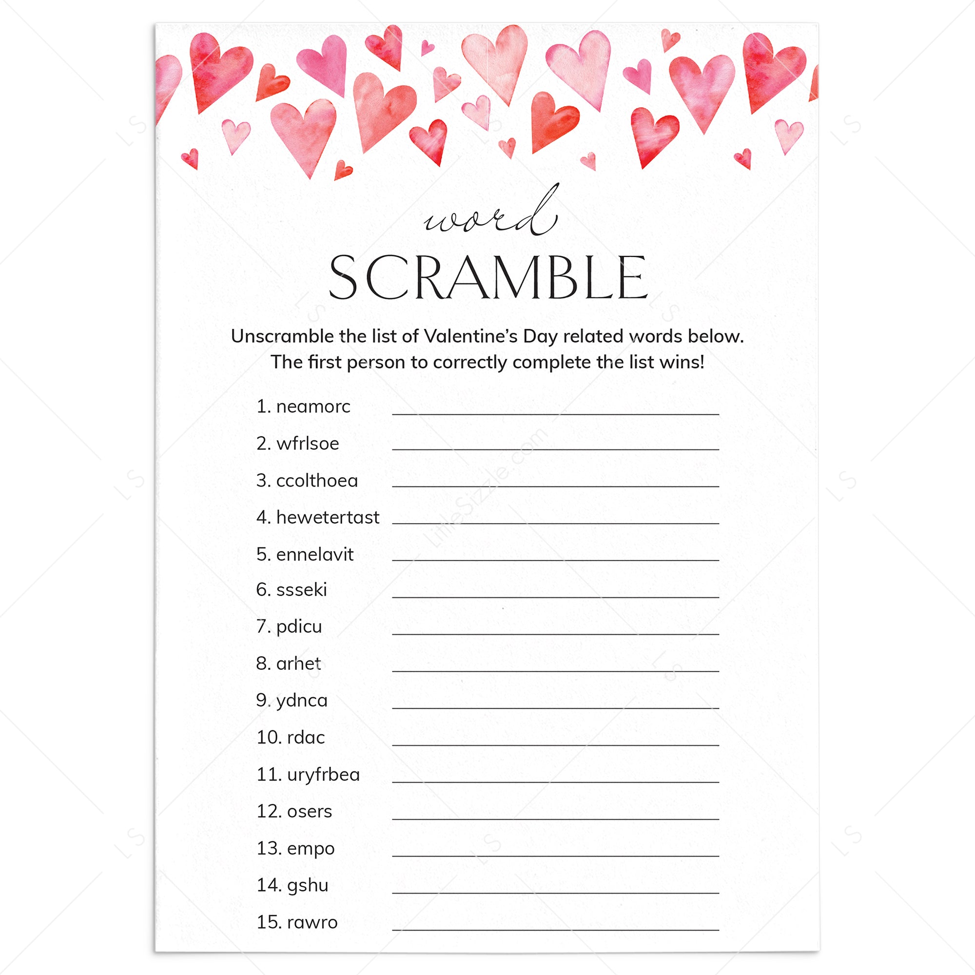 Valentines Day Word Scramble Printable Game with Answers by LittleSizzle