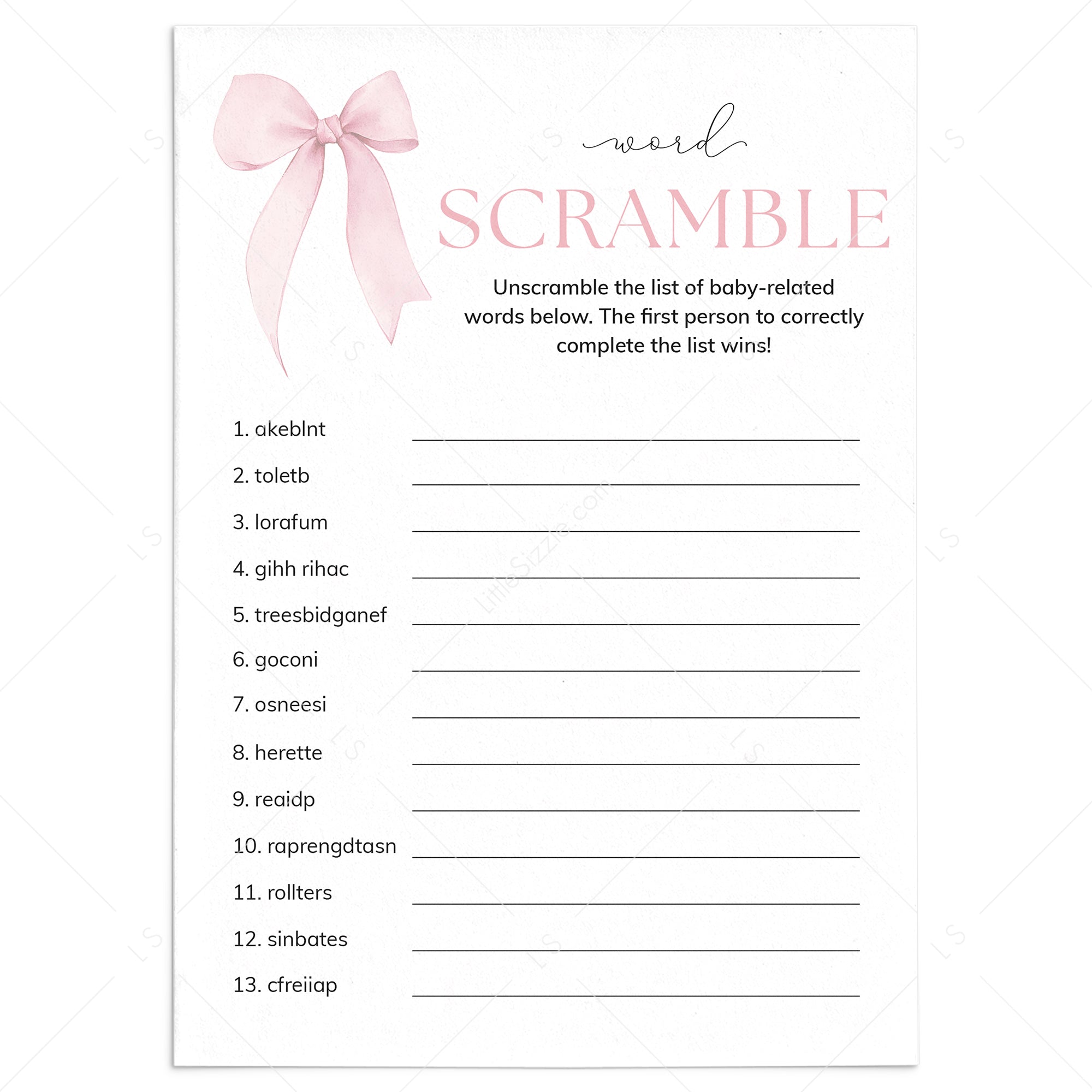 Coquette Baby Shower Word Scramble Game Printable by LittleSizzle