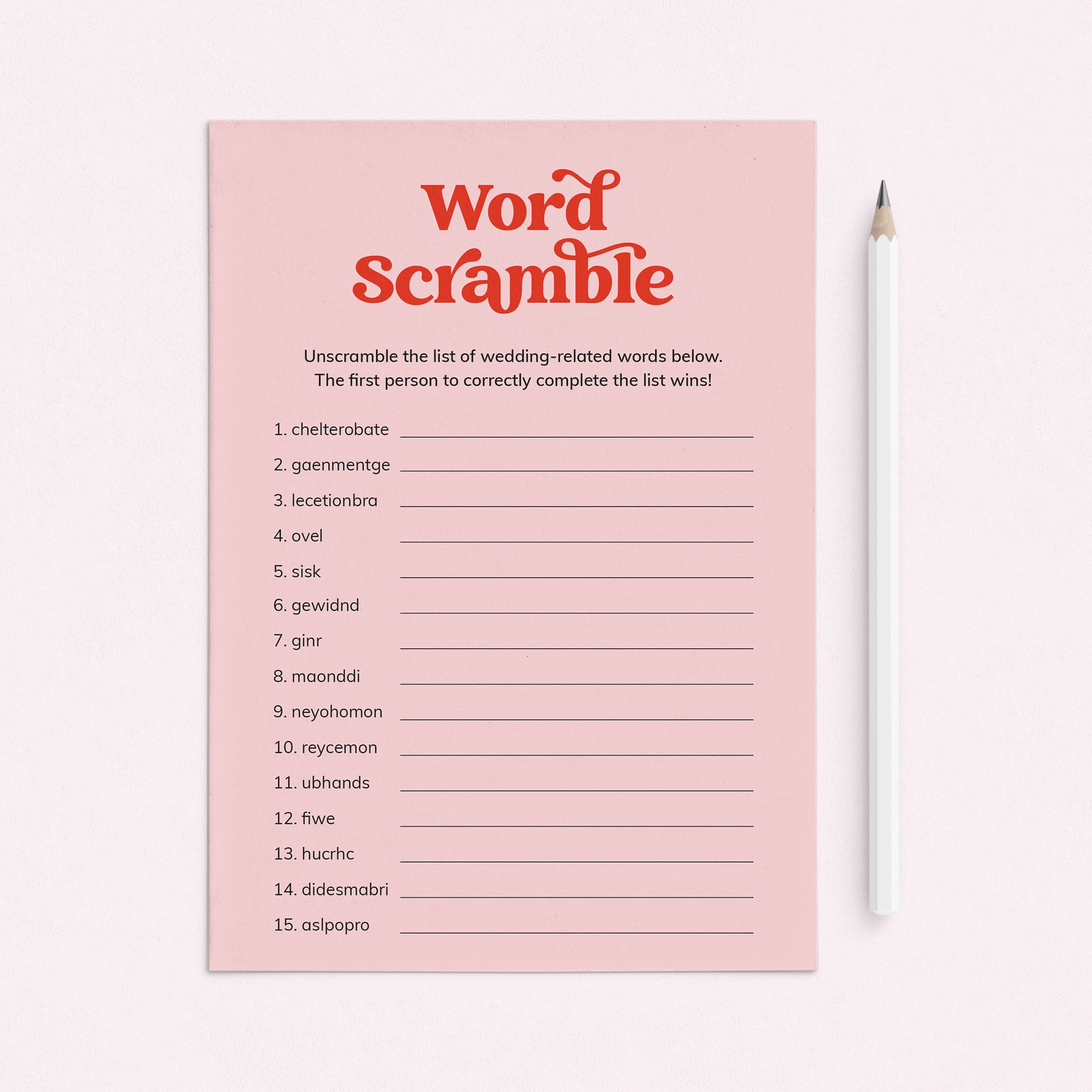 Red Pink Bridal Shower Word Scramble Answers Included Printable by LittleSizzle
