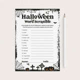 A printable Halloween word scramble worksheet with a black spiderweb border, spooky illustrations, and a list of words to unscramble, shown on a light beige background with a white pencil beside it.