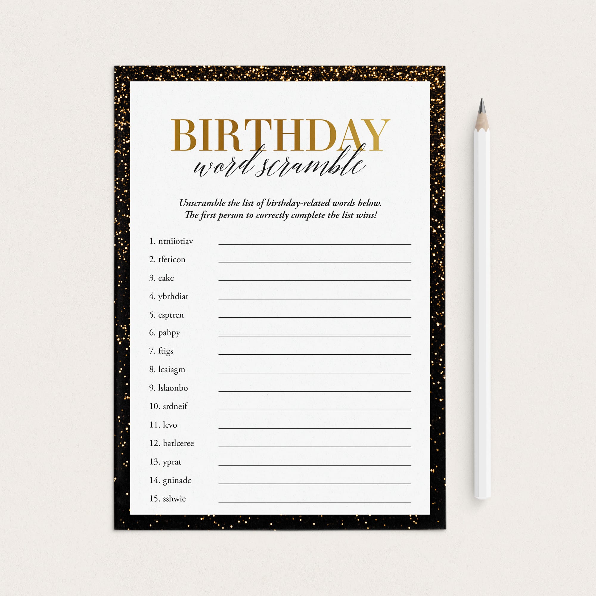 Black and Gold Theme Birthday Word Scramble Game Printable by LittleSizzle