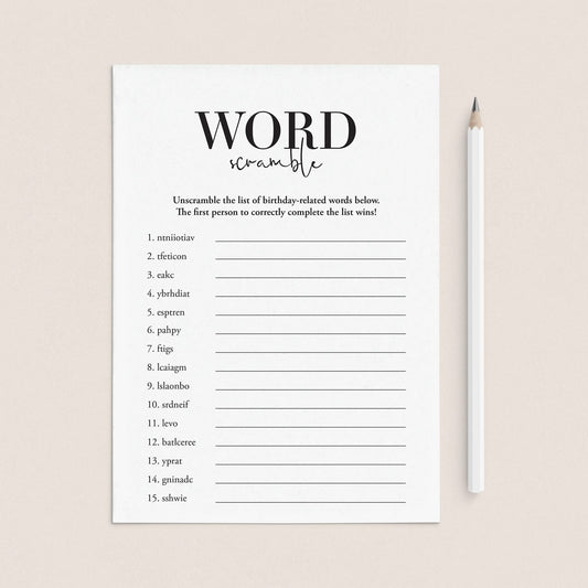Black and White Birthday Word Scramble Game Printable by LittleSizzle