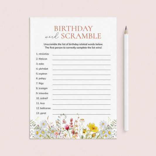 Wildflower Birthday Word Scramble Game with Answers Printable by LittleSizzle