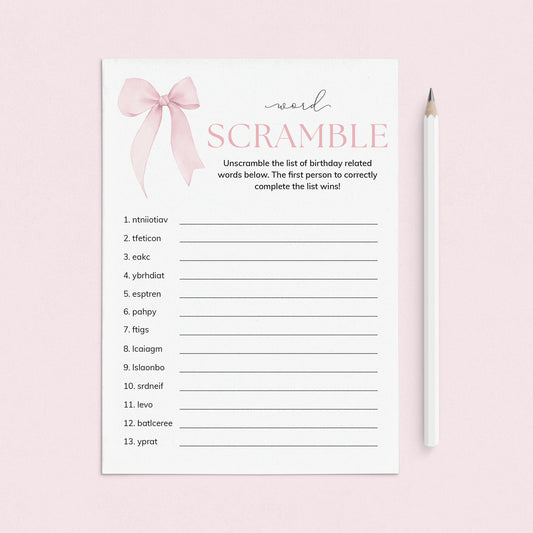 Coquette Birthday Party Game Word Scramble Printable by LittleSizzle