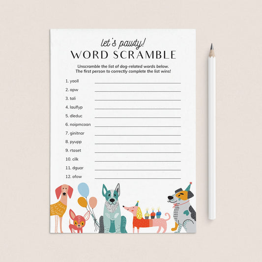 Dog Party Game Word Scramble with Answer Key by LittleSizzle