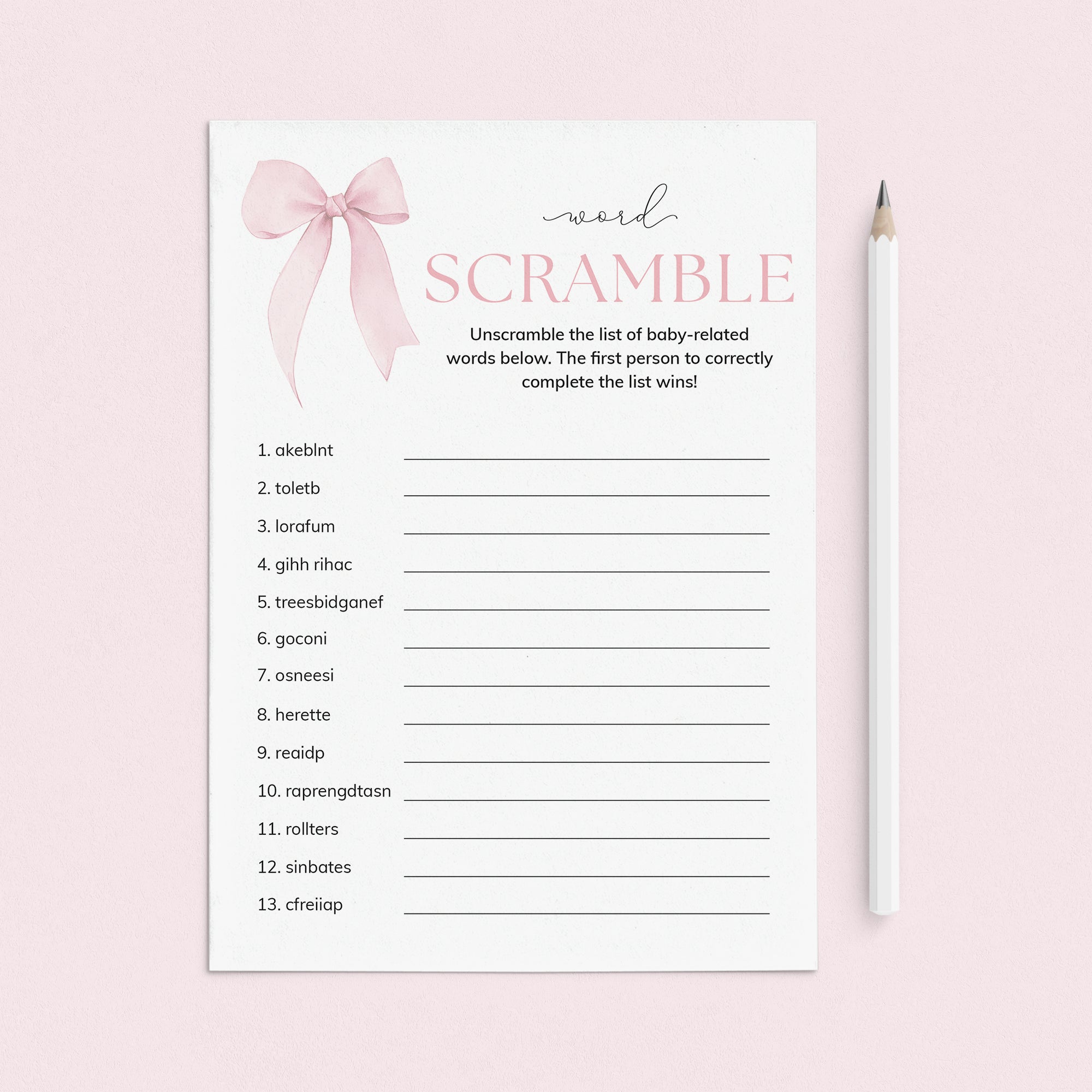 Coquette Baby Shower Word Scramble Game Printable by LittleSizzle