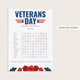 Veterans Day Word Search with Answer Key Printable
