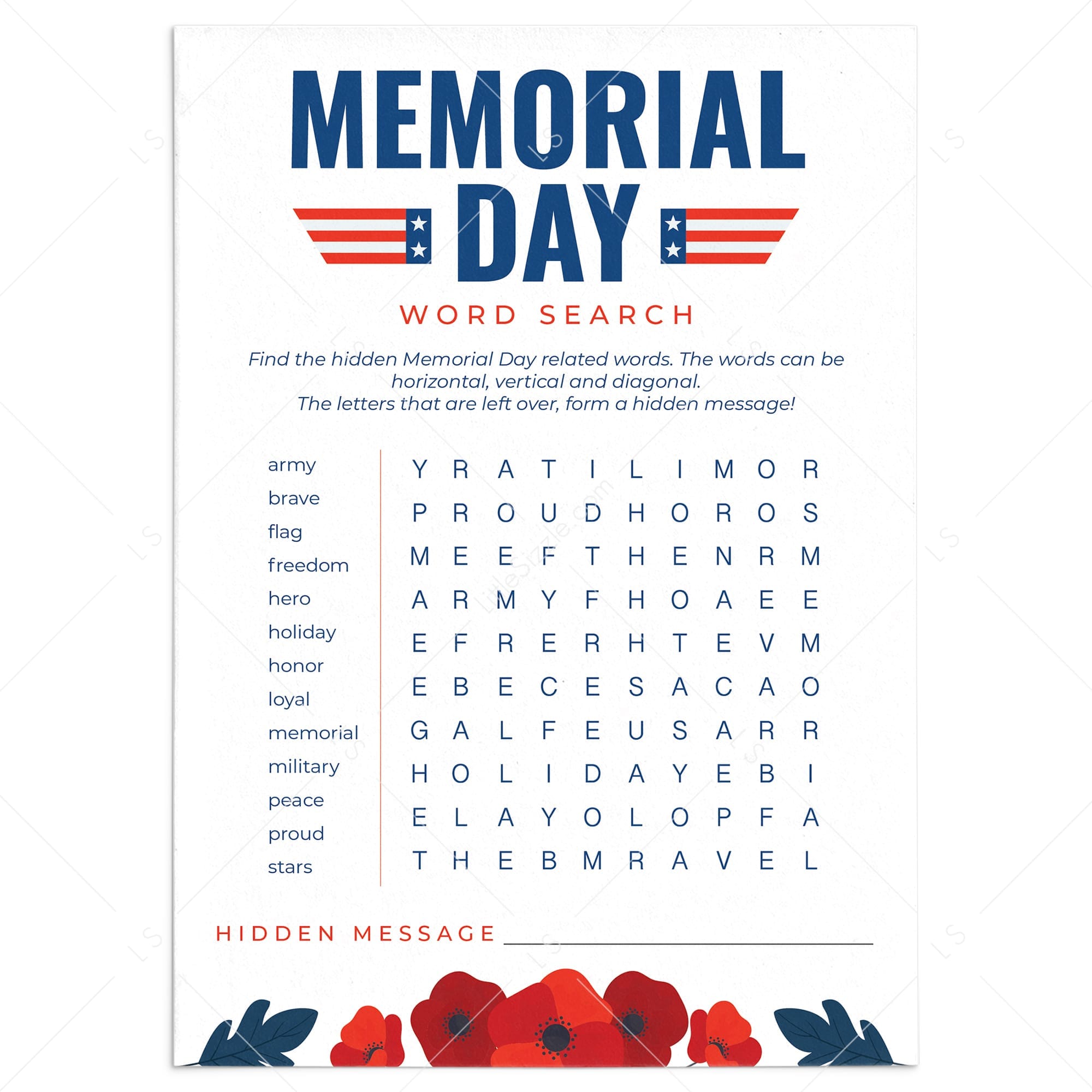 Memorial Day Word Search with Hidden Message Printable by LittleSizzle