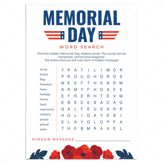 Memorial Day Word Search with Hidden Message Printable by LittleSizzle