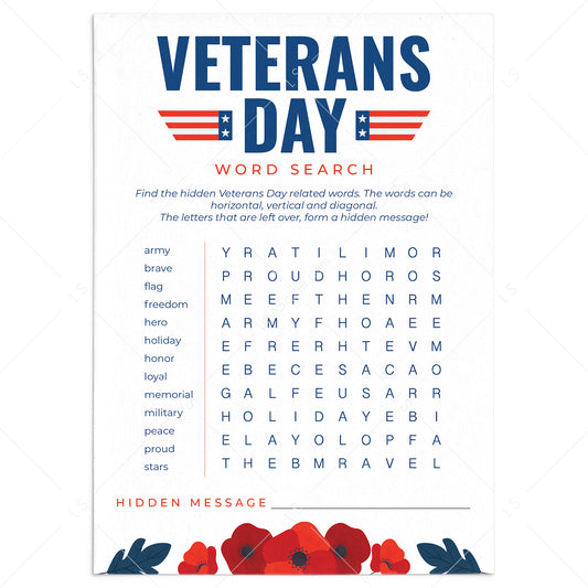 Veterans Day Word Search with Answer Key Printable by LittleSizzle