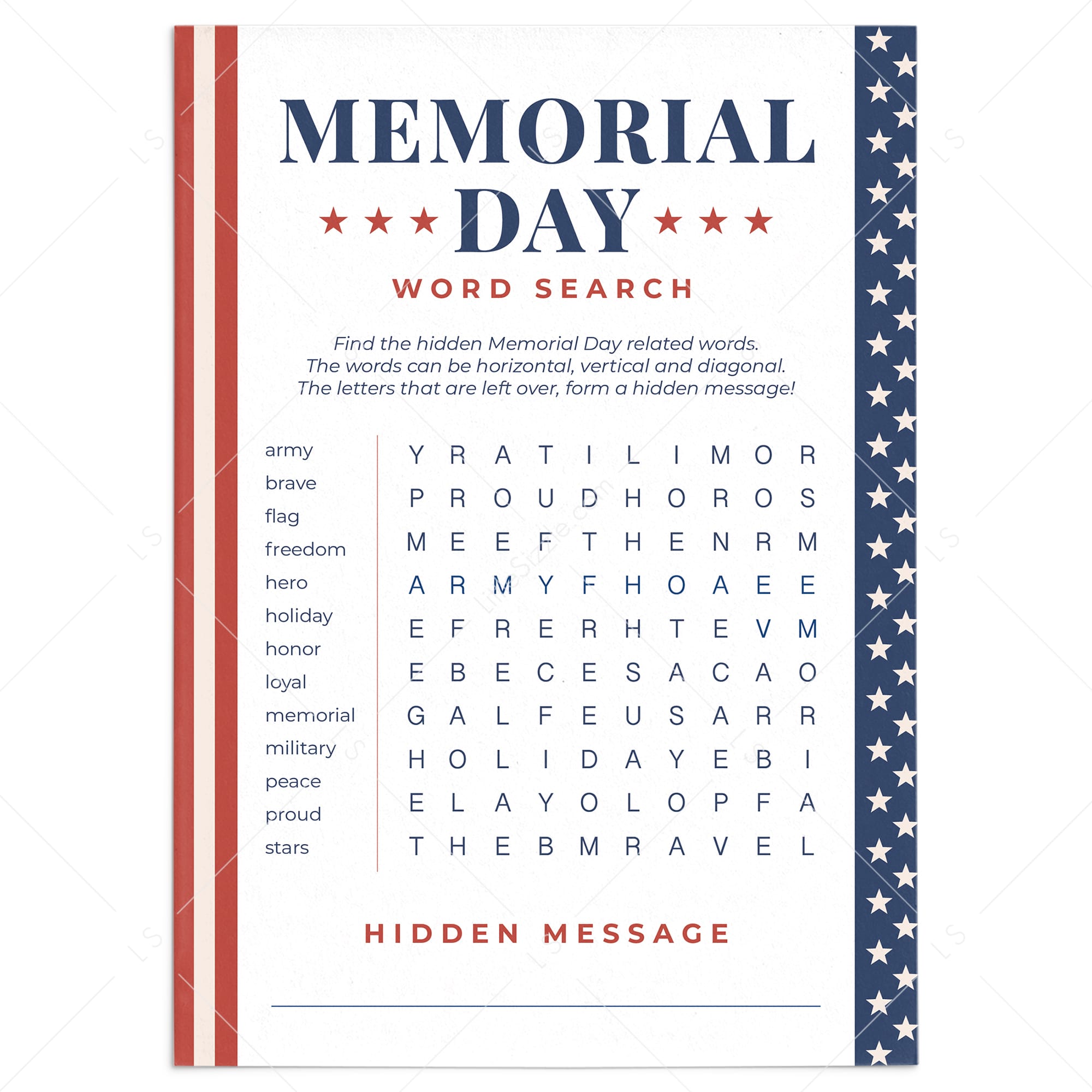 Memorial Day Word Search with Answer Key Printable by LittleSizzle