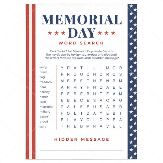 Memorial Day Word Search with Answer Key Printable by LittleSizzle