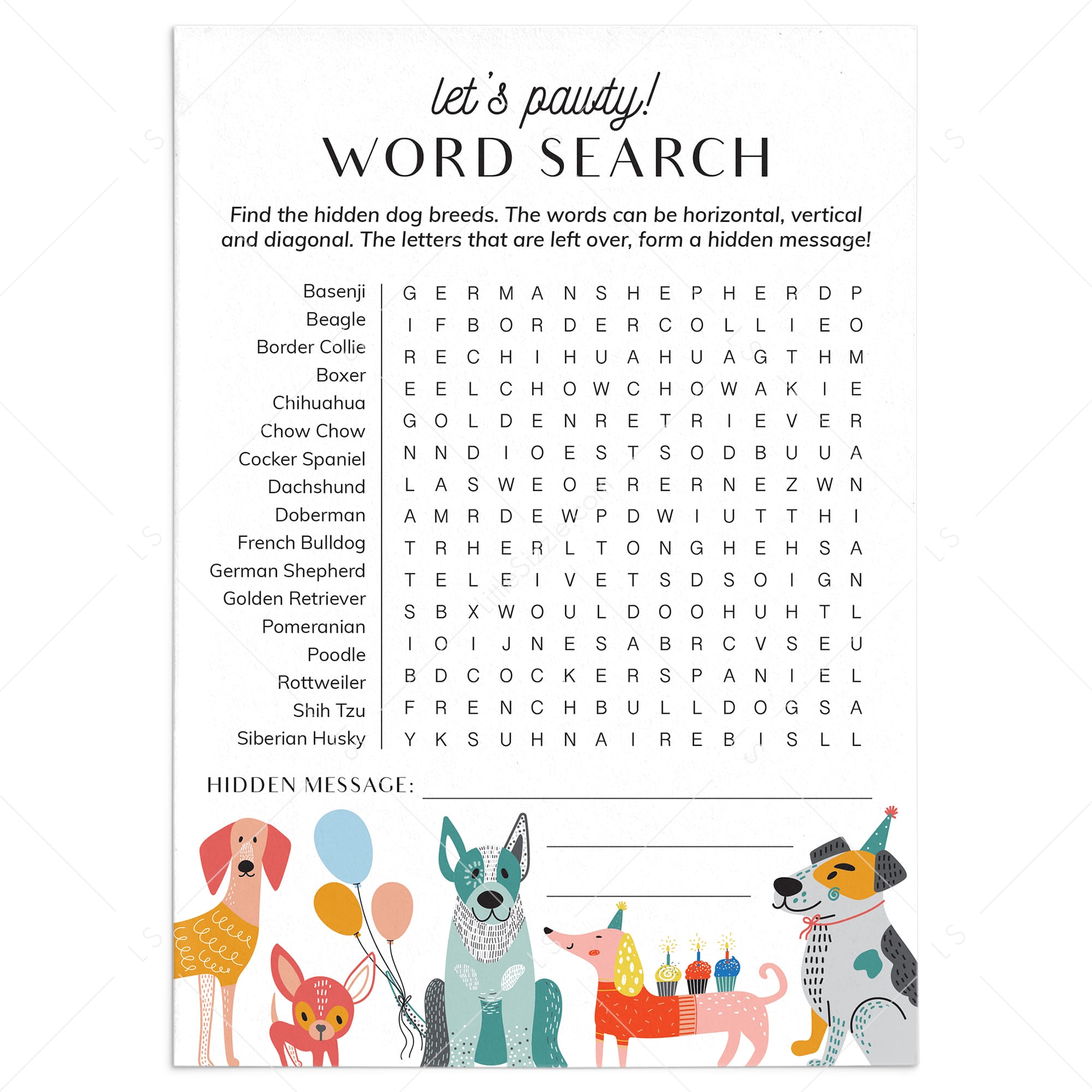 Dog Breed Word Search with Answer Key Printable by LittleSizzle