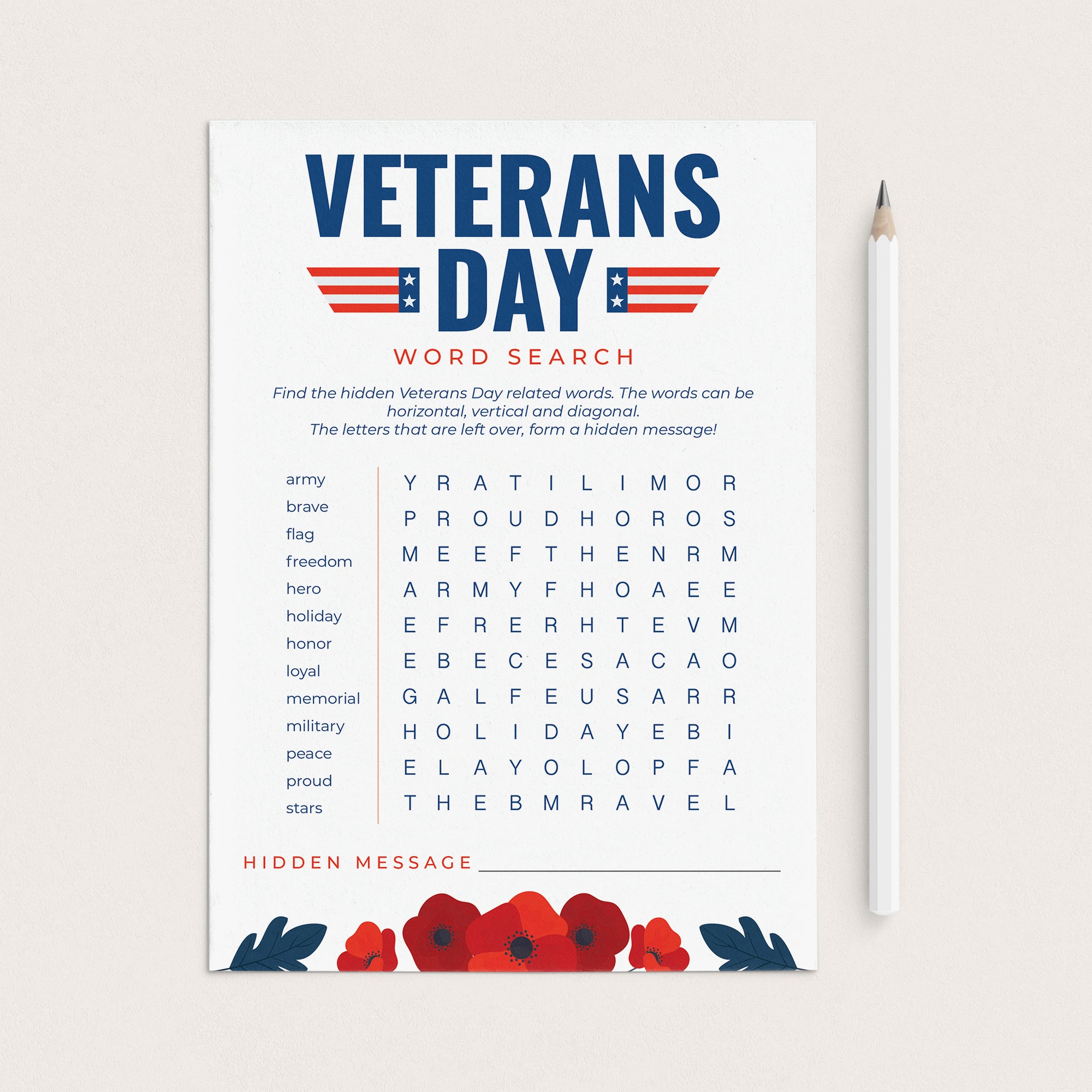 Veterans Day Word Search with Answer Key Printable by LittleSizzle
