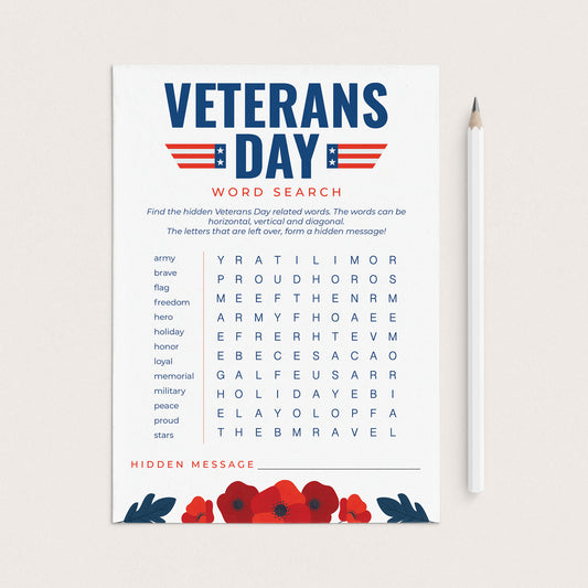 Veterans Day Word Search with Answer Key Printable by LittleSizzle