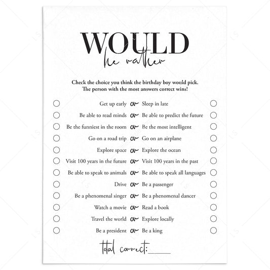 Birthday Would He Rather Game Printable by LittleSizzle
