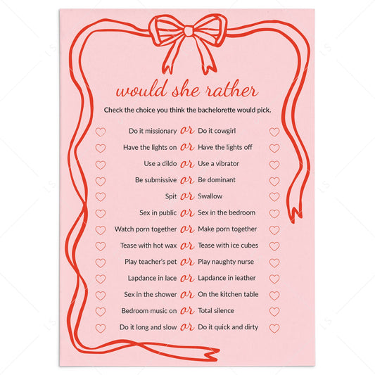 Dirty Bachelorette Would She Rather Questions Printable by LittleSizzle