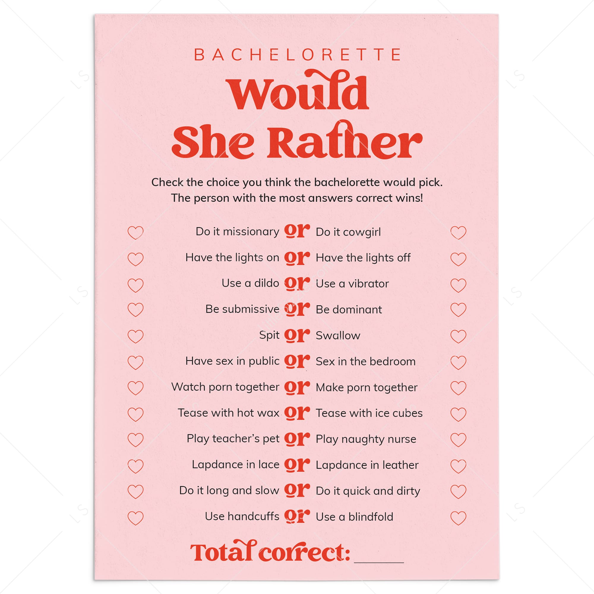 Would She Rather Bachelorette Party Game Pink and Red by LittleSizzle