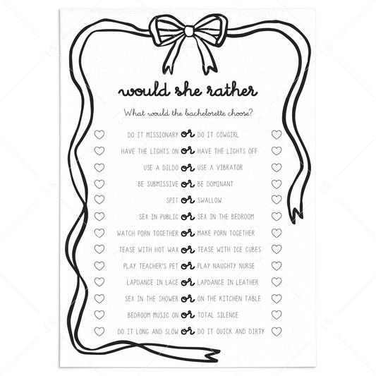 Dirty Would She Rather Bachelorette Game Printable by LittleSizzle