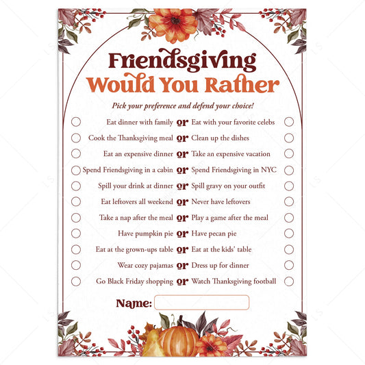 Friendsgiving Would You Rather Questions Printable by LittleSizzle