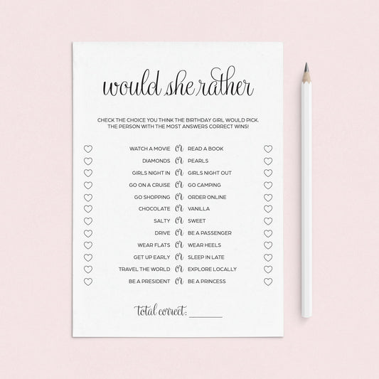 Birthday Would She Rather Printable Black & White by LittleSizzle