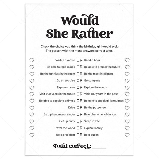 Would She Rather Questions Birthday Party Game Printable by LittleSizzle