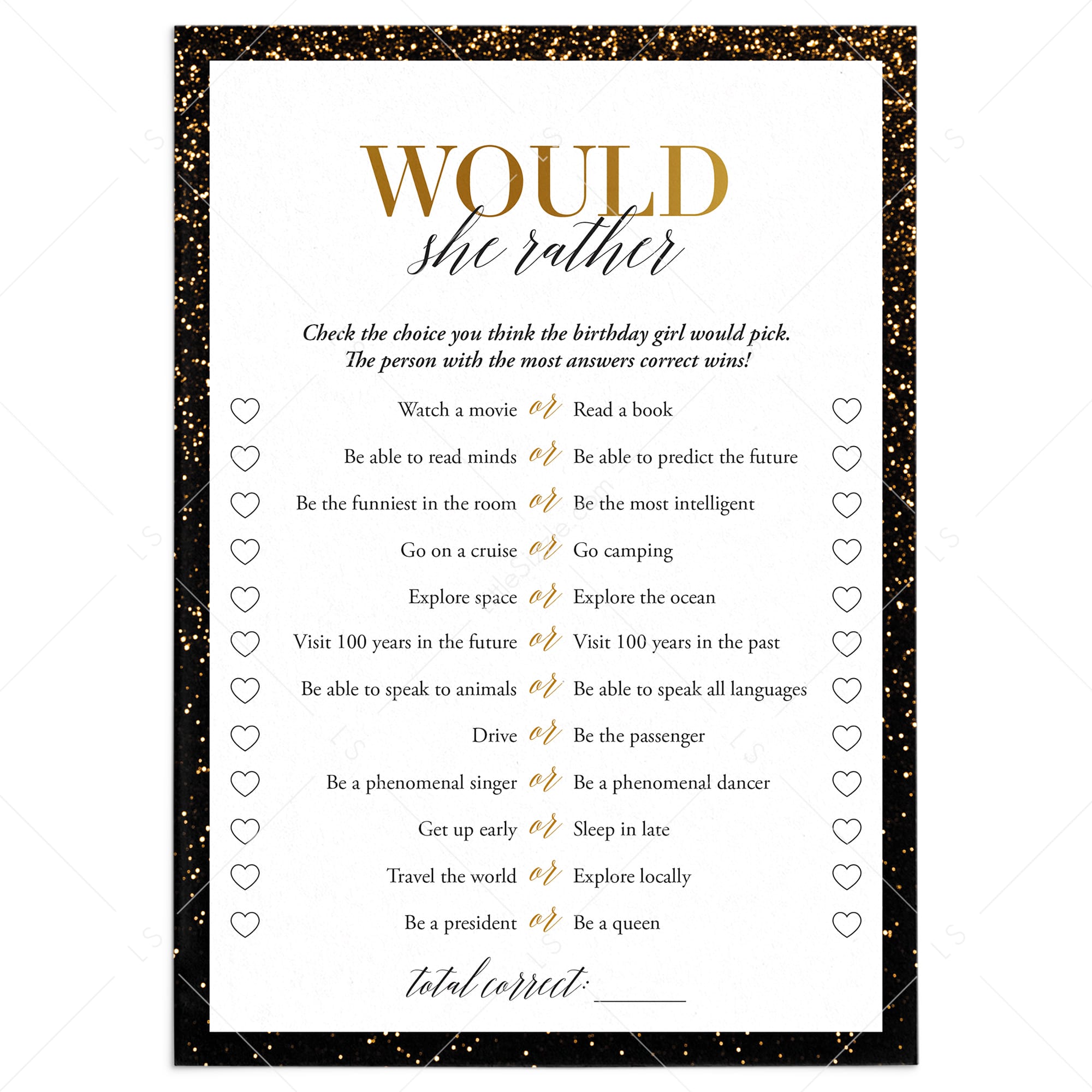 Birthday Game Would She Rather Printable by LittleSizzle