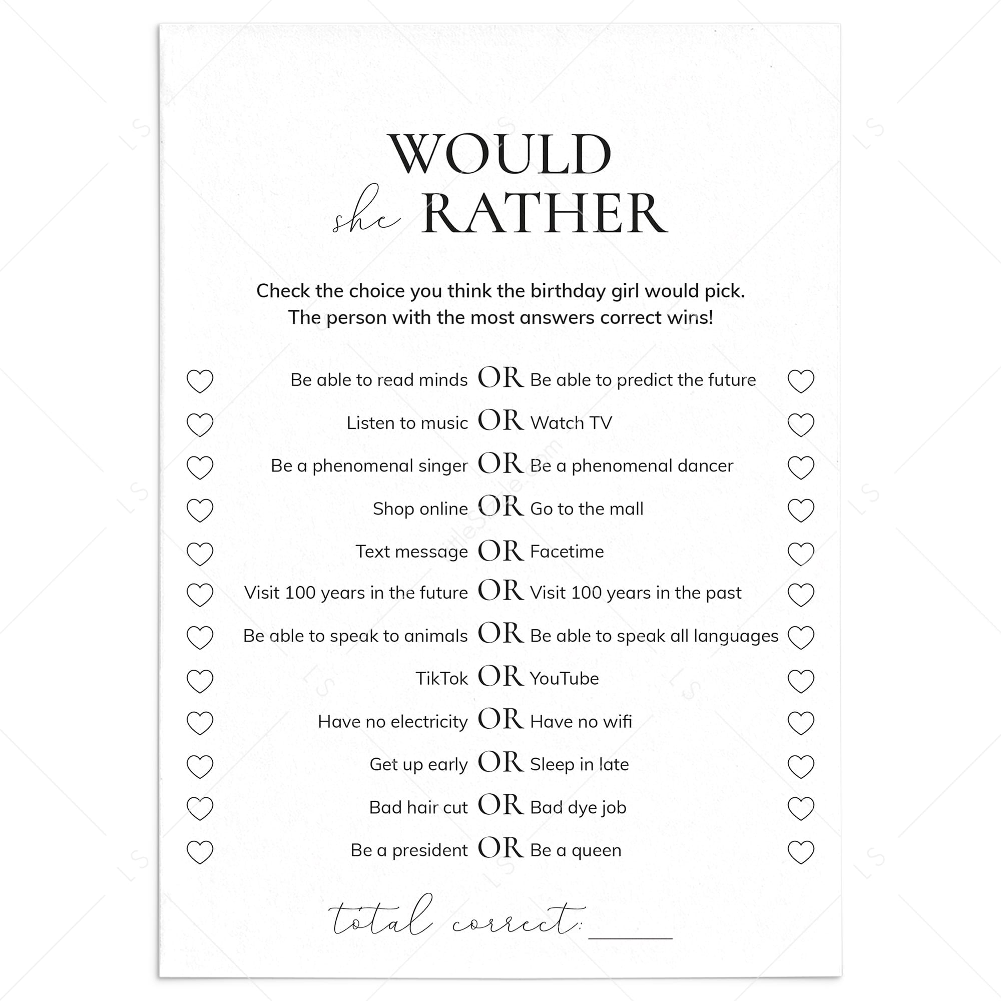 Printable Would She Rather Birthday Game for Teen Girl by LittleSizzle