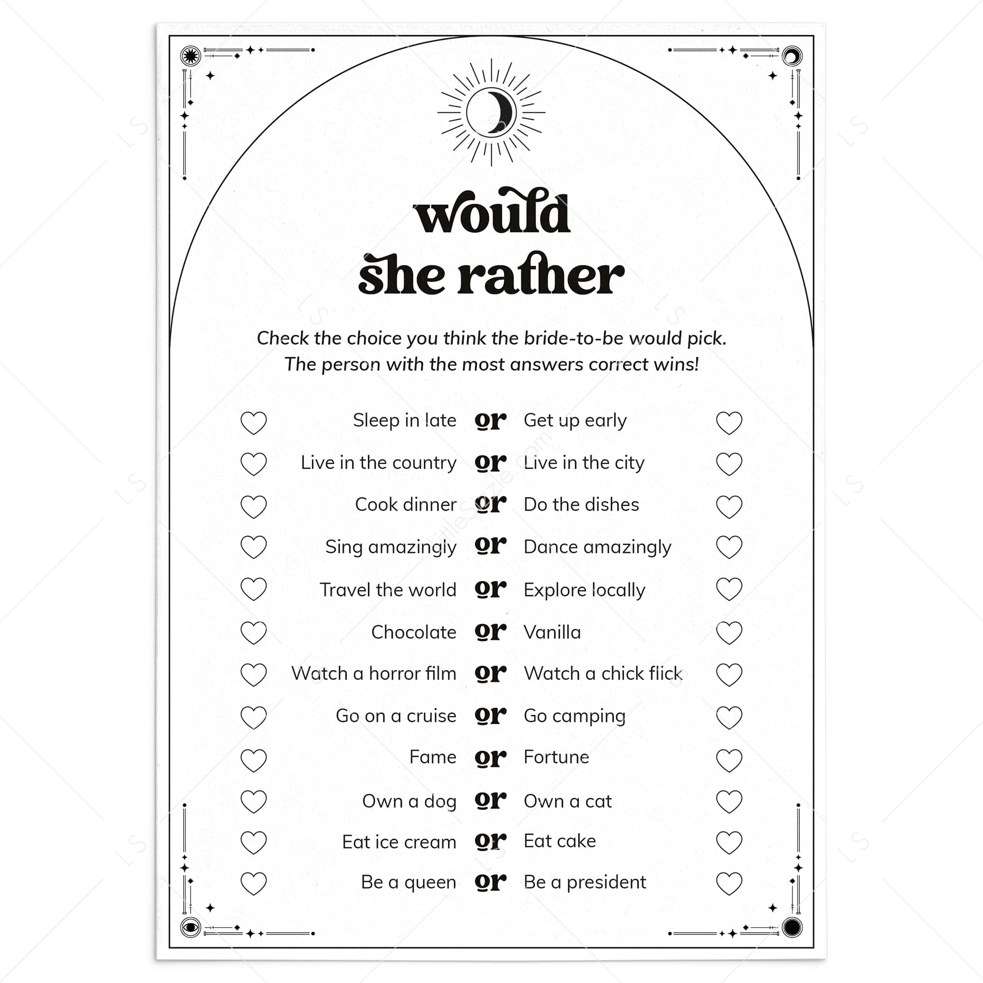 The Coven Bridal Shower Would She Rather Game Printable by LittleSizzle