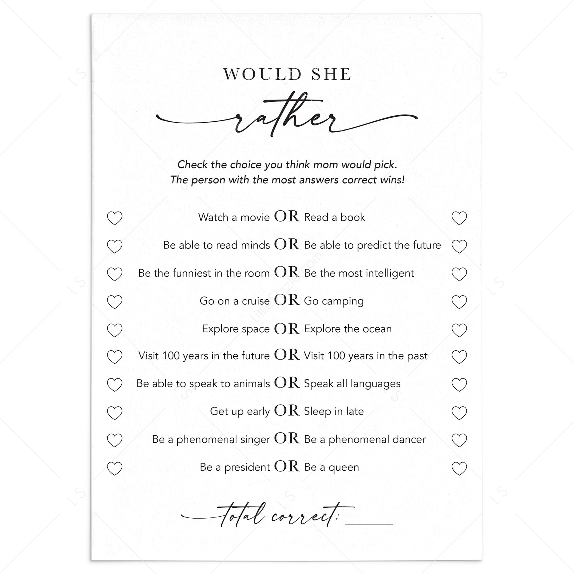 Would She Rather Printable Game for Mother's Day by LittleSizzle