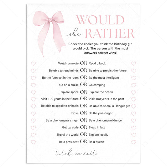 Would She Rather Printable Bow Birthday Party Game by LittleSizzle