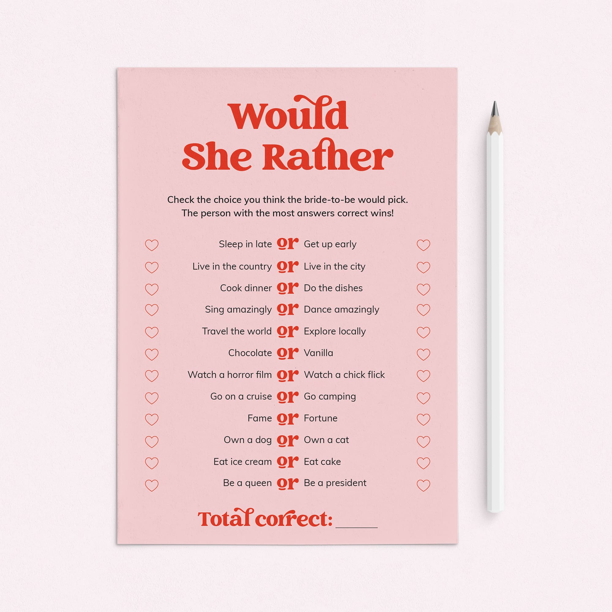 Would She Rather Bridal Shower Game Pink and Red Printable by LittleSizzle