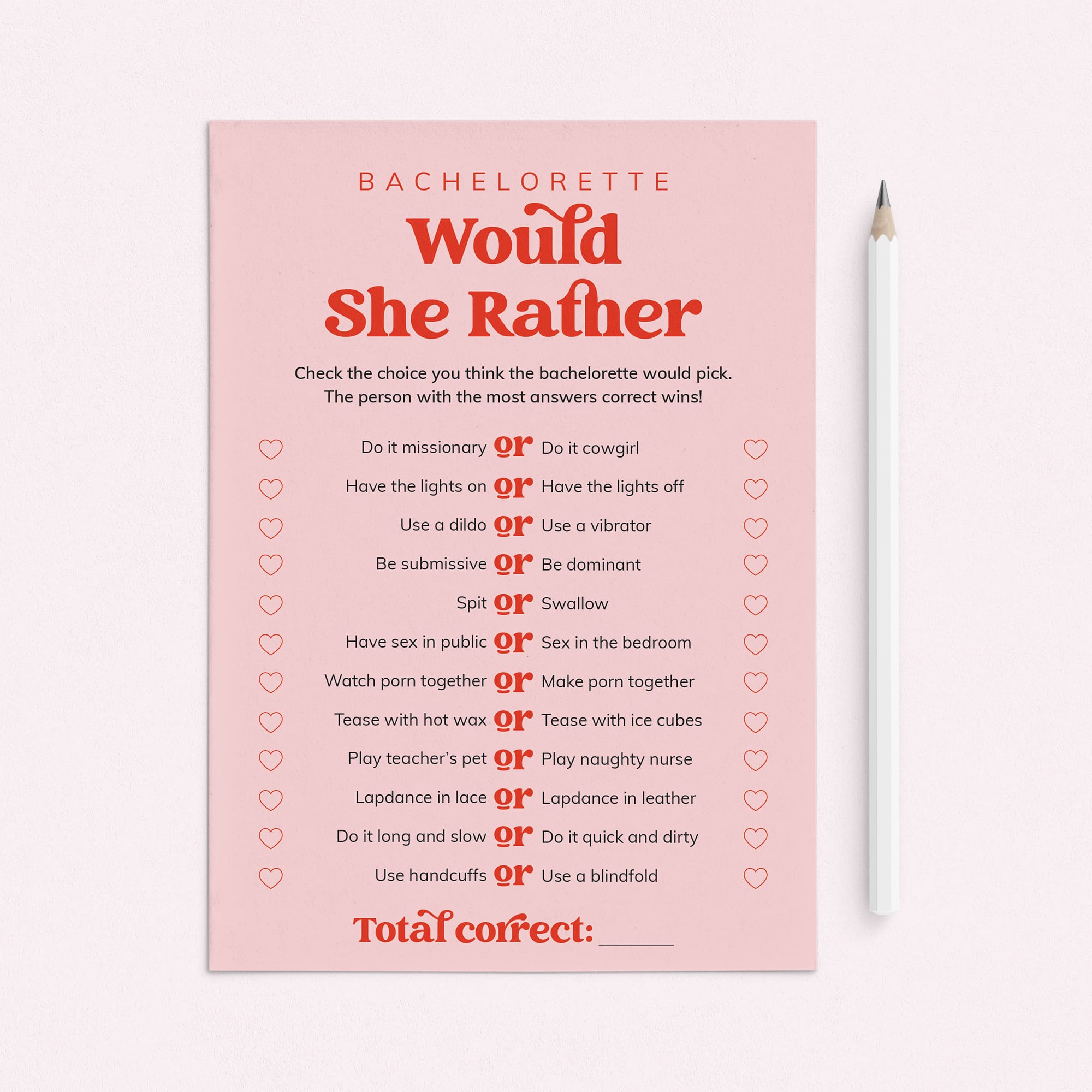 Would She Rather Bachelorette Party Game Pink and Red by LittleSizzle