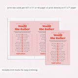 Would She Rather Bachelorette Party Game Pink and Red